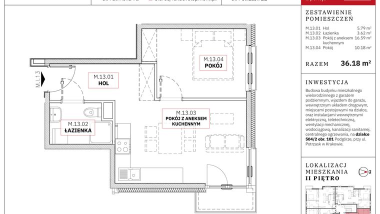 Rzut - Mieszkanie na sprzedaż 2 pokoje o powierzchni 36,18 m² - numer M13 w Brzozowa Residence