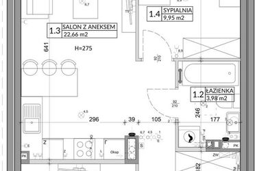 Rzut - Mieszkanie na sprzedaż 3 pokoje o powierzchni 56,89 m² - numer 67B w Osiedle Młodych etap X