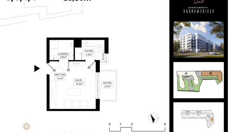 Rzut - Mieszkanie na sprzedaż 1 pokój o powierzchni 25,8 m² - numer B/C/4/4 w Apartamenty Dąbrowskiego