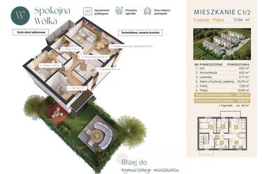 Rzut - Mieszkanie na sprzedaż 3 pokoje o powierzchni 57,66 m² - numer C1/2 w Spokojna Wólka etap IV