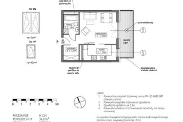 Rzut - Mieszkanie na sprzedaż 1 pokój o powierzchni 34,27 m² - numer H.1.3.4 w City Park bud. G i H