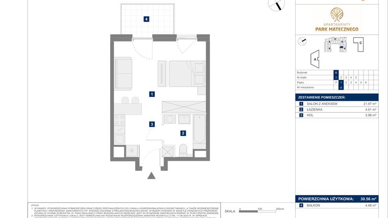 Rzut - Mieszkanie na sprzedaż 1 pokój o powierzchni 30,56 m² - numer B6 w Apartamenty Park Matecznego Etap 1