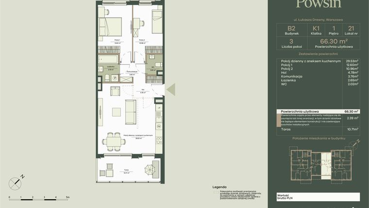 Rzut - Mieszkanie na sprzedaż 3 pokoje o powierzchni 66,3 m² - numer B2/21 w Onelife Powsin