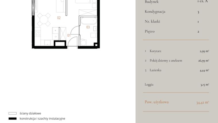 Rzut - Mieszkanie na sprzedaż 1 pokój o powierzchni 34,42 m² - numer M014 w MURANO
