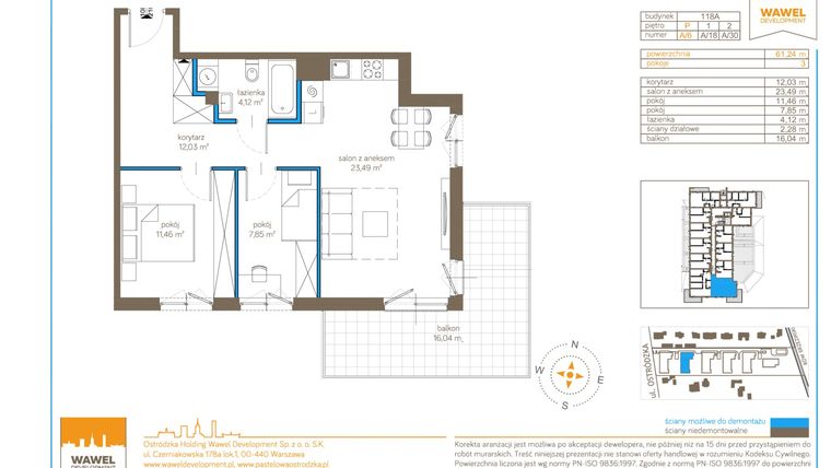 Rzut - Mieszkanie na sprzedaż 3 pokoje o powierzchni 60,98 m² - numer A/6 w Pastelowa Ostródzka