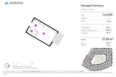 Rzut - Mieszkanie na sprzedaż 1 pokój o powierzchni 27,58 m² - numer 1.A.0.05 w Murapol Portovo etap II