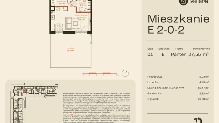 Rzut - Mieszkanie na sprzedaż 1 pokój o powierzchni 27,55 m² - numer E2-0-2 w Osiedle Meiera