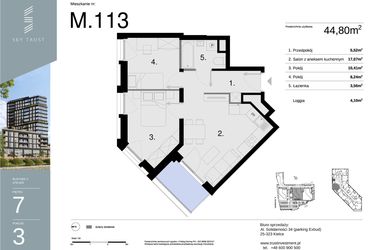 Rzut - Mieszkanie na sprzedaż 3 pokoje o powierzchni 44,8 m² - numer M113 w Sky Trust etap II