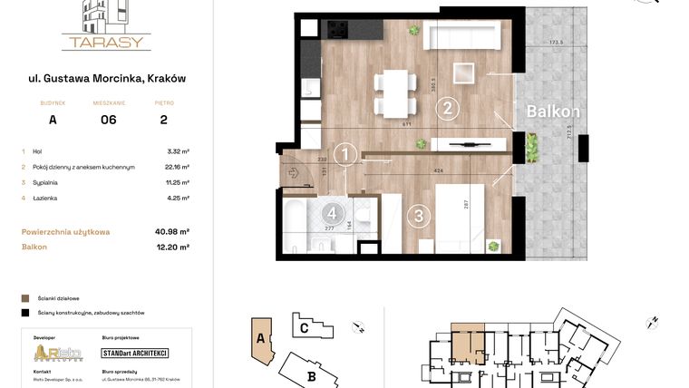 Rzut - Mieszkanie na sprzedaż 2 pokoje o powierzchni 40,98 m² - numer A6 w Krzesławickie Tarasy