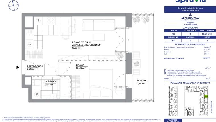 Rzut - Mieszkanie na sprzedaż 2 pokoje o powierzchni 36,56 m² - numer B1_48 w Architektów
