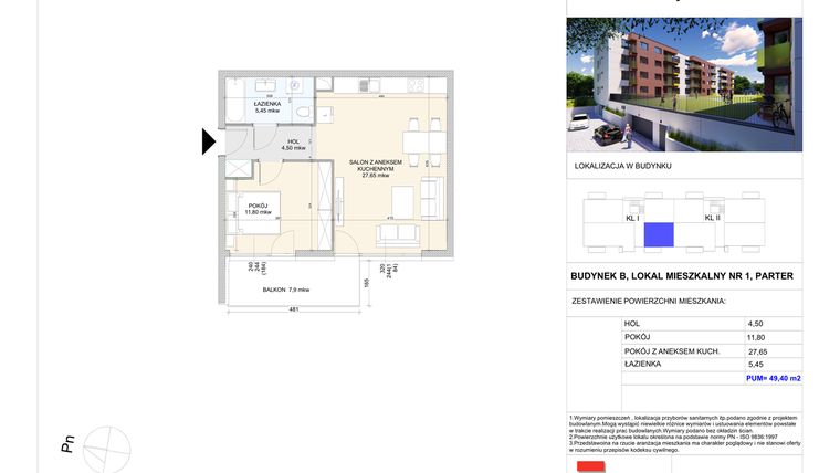 Rzut - Mieszkanie na sprzedaż 2 pokoje o powierzchni 49,4 m² - numer B.1 w Wólczańska 248 - etap II