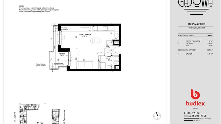 Rzut - Mieszkanie na sprzedaż 1 pokój o powierzchni 34,25 m² - numer 29 w Gajowa bud. A