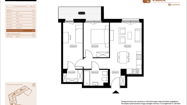 Rzut - Mieszkanie na sprzedaż 3 pokoje o powierzchni 56,92 m² - numer 1.07 w Białoprądnicka Park