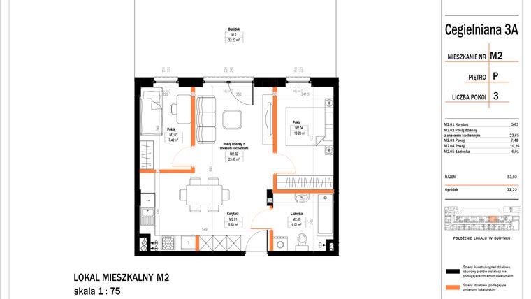 Rzut - Mieszkanie na sprzedaż 3 pokoje o powierzchni 54,22 m² - numer 2 w Osiedle StaLove etap II