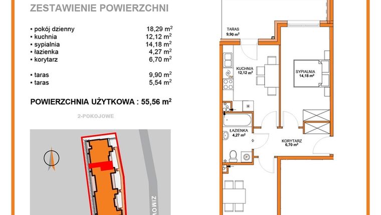 Rzut - Mieszkanie na sprzedaż 2 pokoje o powierzchni 55,56 m² - numer m3 w Apartamenty Łódzka
