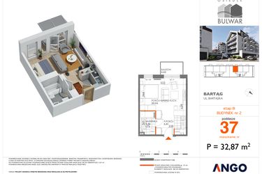 Rzut - Mieszkanie na sprzedaż 1 pokój o powierzchni 32,87 m² - numer 37 w Bulwar bud. 2