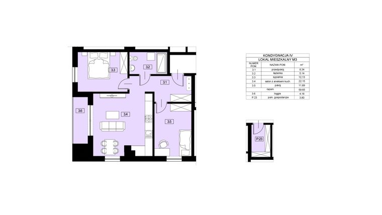 Rzut - Mieszkanie na sprzedaż 3 pokoje o powierzchni 59,65 m² - numer M3 w Nowy Świat 22