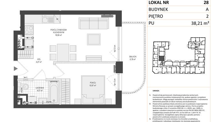 Rzut - Mieszkanie na sprzedaż 2 pokoje o powierzchni 38,21 m² - numer A.28 w Esencja