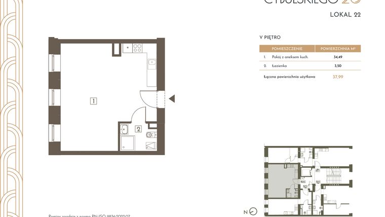 Rzut - Mieszkanie na sprzedaż 1 pokój o powierzchni 37,27 m² - numer 22 w Cybulskiego 20