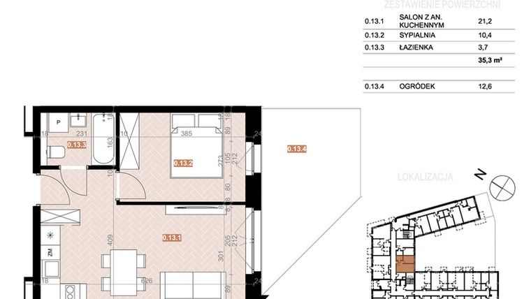 Rzut - Mieszkanie na sprzedaż 2 pokoje o powierzchni 35,3 m² - numer 013 w Szczecińska 20