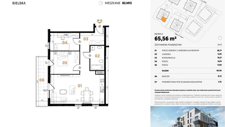 Rzut - Mieszkanie na sprzedaż 3 pokoje o powierzchni 65,56 m² - numer B2.M13 w JA_SIELSKA II