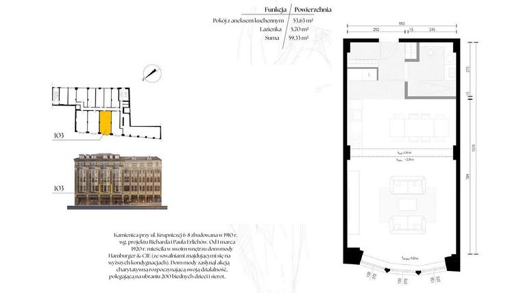 Rzut - Mieszkanie na sprzedaż 1 pokój o powierzchni 59,33 m² - numer G1/3 – 103 w Krupnicza 6/8