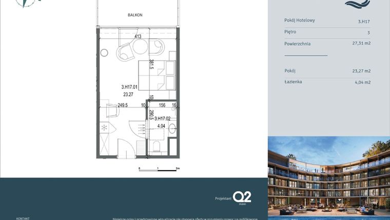 Rzut - Mieszkanie na sprzedaż 1 pokój o powierzchni 27,31 m² - numer 3.H17 w Linea Mare - apartamenty inwestycyjne
