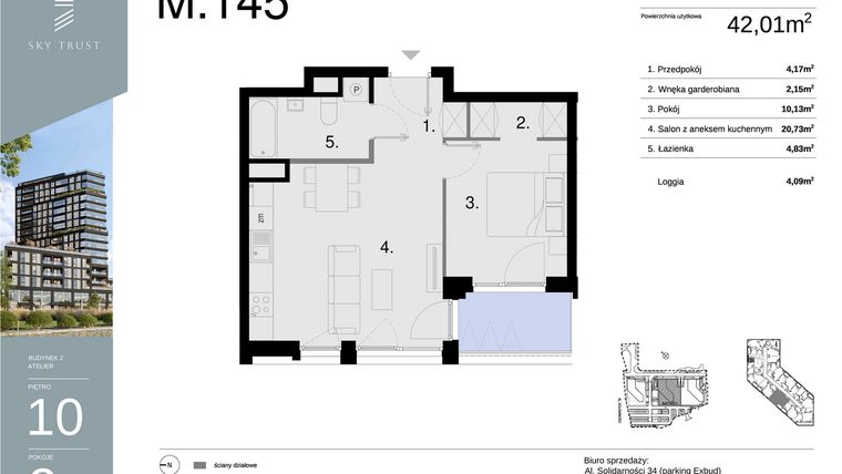 Rzut - Mieszkanie na sprzedaż 2 pokoje o powierzchni 42,01 m² - numer M145 w Sky Trust etap II