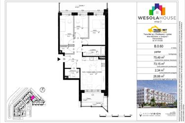 Rzut - Mieszkanie na sprzedaż 4 pokoje o powierzchni 73,15 m² - numer B.0.60 w Wesoła House Etap II