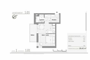 Rzut - Mieszkanie na sprzedaż 1 pokój o powierzchni 29,42 m² - numer 2.1 w Villa Książąt Pomorskich