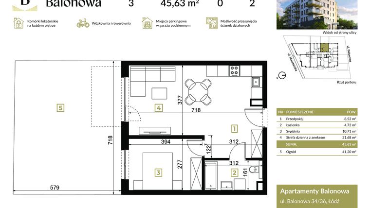 Rzut - Mieszkanie na sprzedaż 2 pokoje o powierzchni 45,63 m² - numer 3 w Apartamenty Balonowa