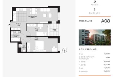 Rzut - Mieszkanie na sprzedaż 3 pokoje o powierzchni 60,46 m² - numer A08 w Na Koszutce