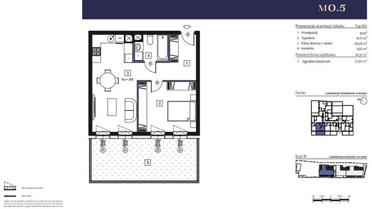 Rzut - Mieszkanie na sprzedaż 2 pokoje o powierzchni 46,91 m² - numer B1 – M0.5 w Primacasa