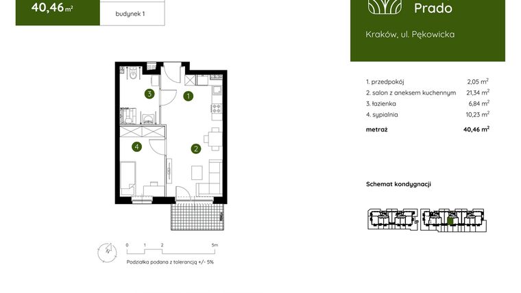 Rzut - Mieszkanie na sprzedaż 2 pokoje o powierzchni 40,46 m² - numer 1.D.0.03 w Murapol Prado