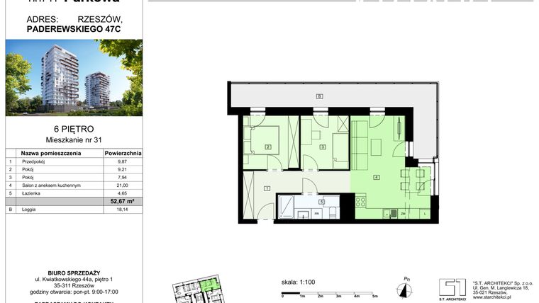 Rzut - Mieszkanie na sprzedaż 3 pokoje o powierzchni 52,67 m² - numer 31/B8 w Dzielnica Parkowa VIII