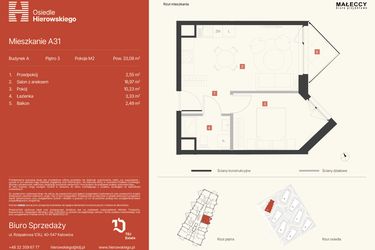 Rzut - Mieszkanie na sprzedaż 2 pokoje o powierzchni 33,08 m² - numer A31 w Osiedle Hierowskiego