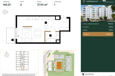 Rzut - Mieszkanie na sprzedaż 1 pokój o powierzchni 26,25 m² - numer 2.M2.01 w Wierzbowa 20