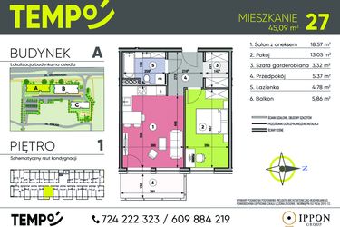 Rzut - Mieszkanie na sprzedaż 2 pokoje o powierzchni 45,09 m² - numer A27 w Osiedle TEMPO