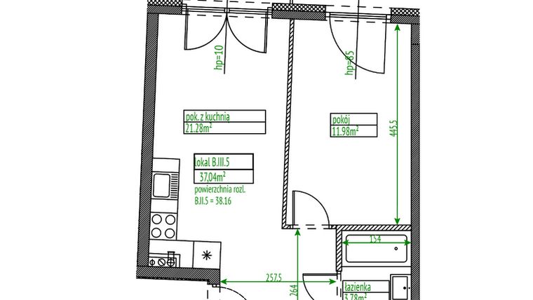 Rzut - Mieszkanie na sprzedaż 1 pokój o powierzchni 37,04 m² - numer B.III.5 w Osiedle Opolska