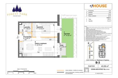 Rzut - Mieszkanie na sprzedaż 2 pokoje o powierzchni 43,58 m² - numer B.3 w Forest Park Kajetany