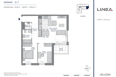 Rzut - Mieszkanie na sprzedaż 3 pokoje o powierzchni 63,87 m² - numer B.1.7 w Linea
