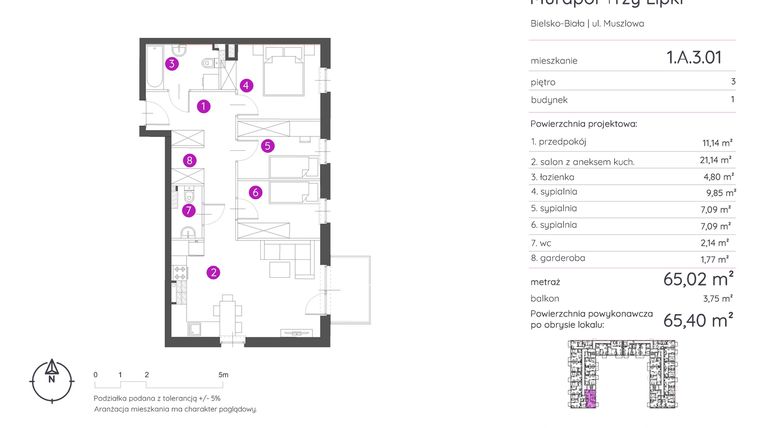 Rzut - Mieszkanie na sprzedaż 4 pokoje o powierzchni 65,4 m² - numer 1.A.3.01 w Murapol Trzy Lipki