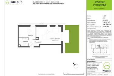 Rzut - Mieszkanie na sprzedaż 2 pokoje o powierzchni 46,09 m² - numer OP/A2/P0/01 w Osiedle Pogodne etap I