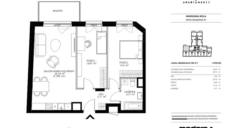 Rzut - Mieszkanie na sprzedaż 3 pokoje o powierzchni 65,14 m² - numer 517 w Chronos