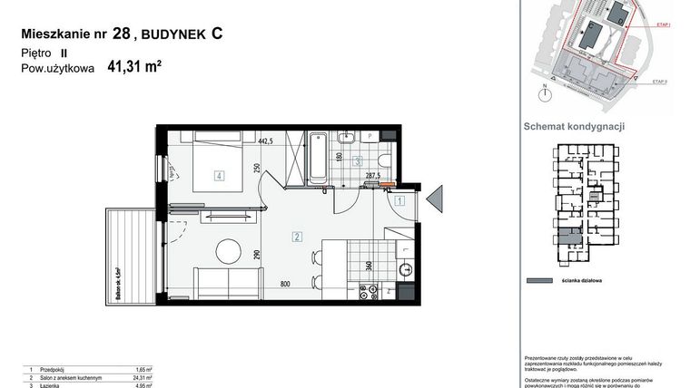 Rzut - Mieszkanie na sprzedaż 2 pokoje o powierzchni 41,31 m² - numer C.M28 w Apartamenty Kopernika