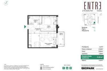 Rzut - Mieszkanie na sprzedaż 2 pokoje o powierzchni 41,26 m² - numer 116A-M13 w Entre