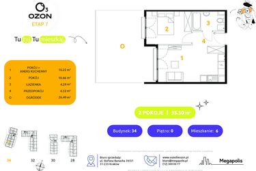 Rzut - Mieszkanie na sprzedaż 2 pokoje o powierzchni 35,5 m² - numer 34.6 w Osiedle Ozon etap VII