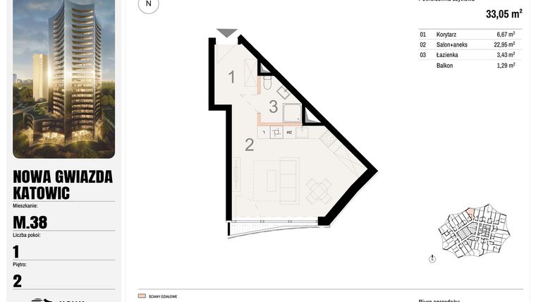 Rzut - Mieszkanie na sprzedaż 1 pokój o powierzchni 33,05 m² - numer M.38 w Nowa Gwiazda