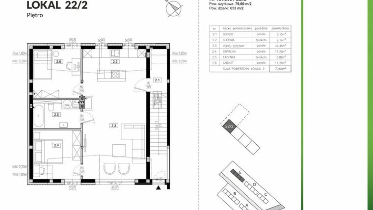 Rzut - Mieszkanie na sprzedaż 3 pokoje o powierzchni 79 m² - numer 22/2 w Szczęśliwa Polana