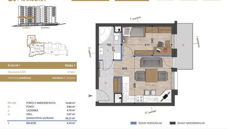 Rzut - Mieszkanie na sprzedaż 2 pokoje o powierzchni 36,33 m² - numer 21 w Osiedle Dakar Karolina